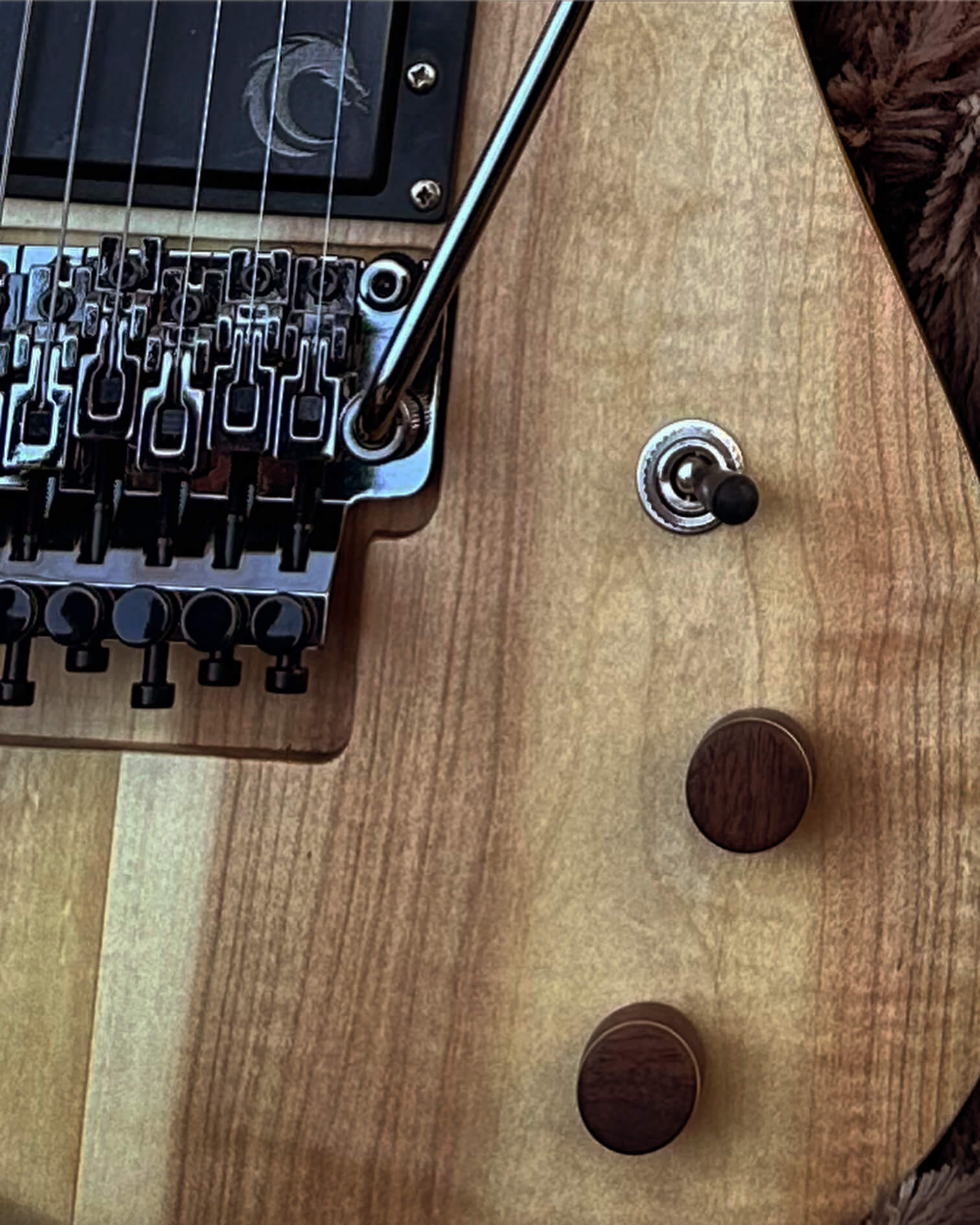 Close up of hand made guitar by Pravus.