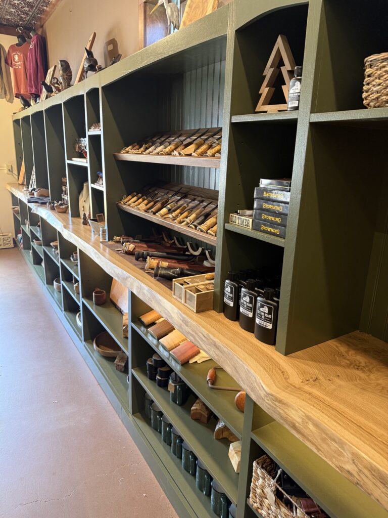 Inside shelving at the Cedar Swan Woodshop in Nevis, MN.